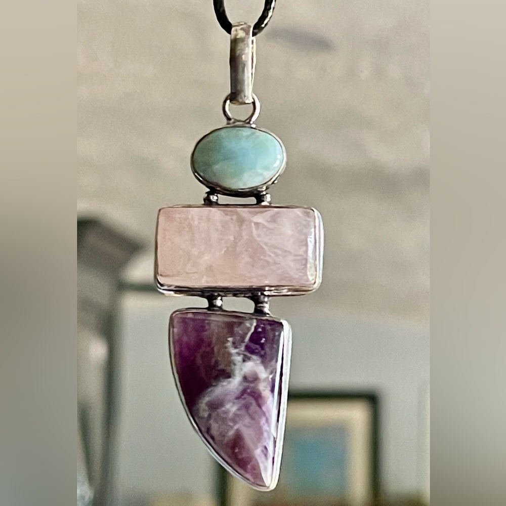 Rose Quartz, Amethyst & Larimar Crystal Pendant 3” - Picture 6 of 7